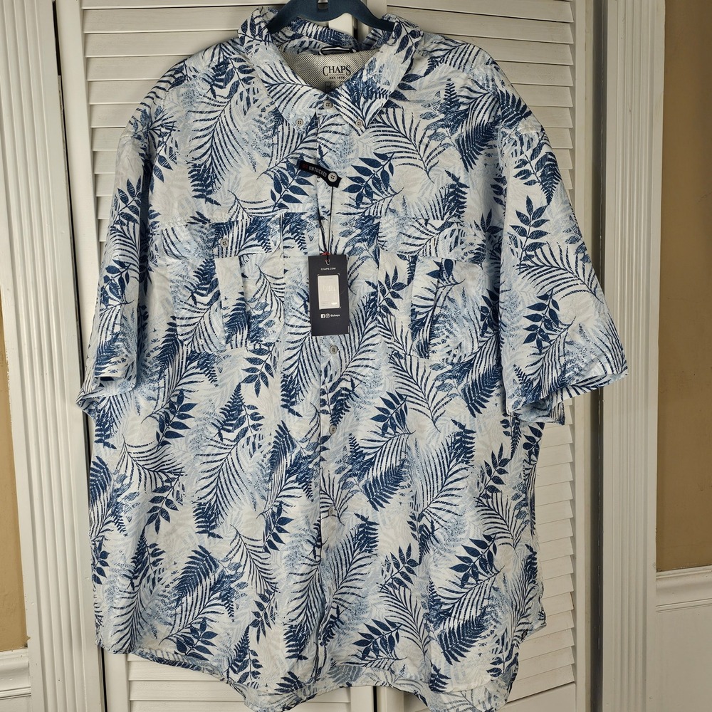NWT Chaps Mens Blue Hawaiian Moisture Wicking‎ Shirt Sleeve Camp Shirt 4XB